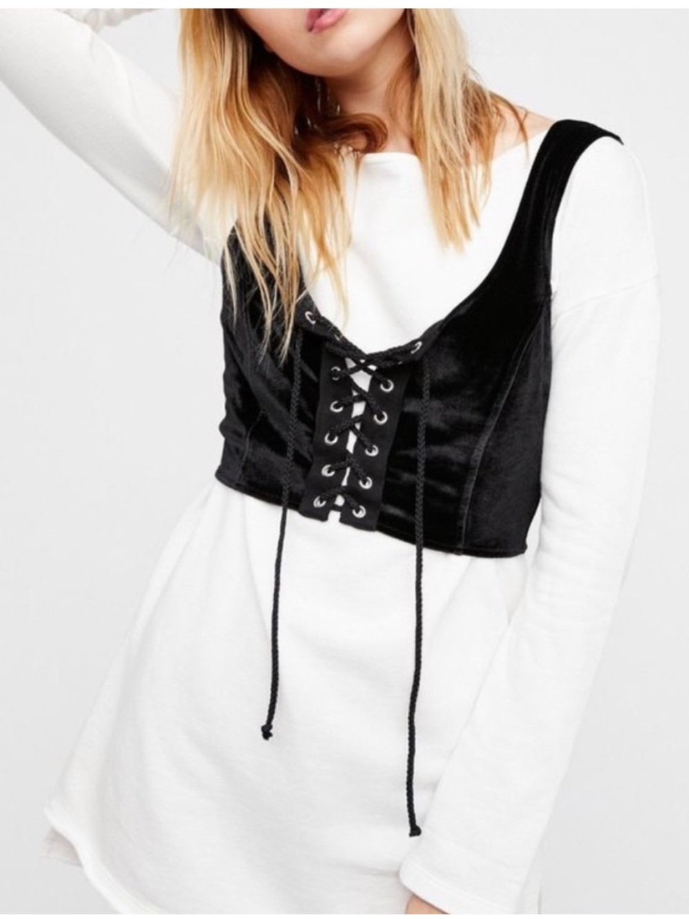 Free People Black Velvet Lace-Up Cropped Tank Top vest